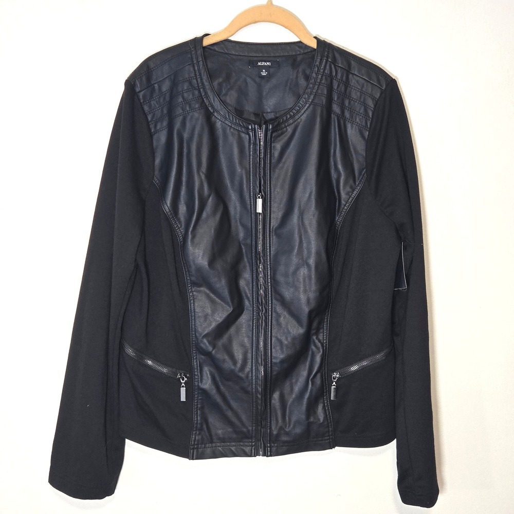 Alfani Mixed Media Jacket Womens XL Black Faux Leather Knit Zip Moto 69815